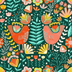 Folk Art Floral and Birds - Maximalist Folk - Bright Colours 