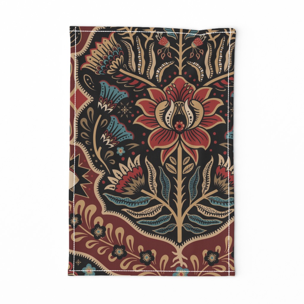 Maximalist Folk Damask with raven and mystical eye - vintage gold, red and blue - jumbo