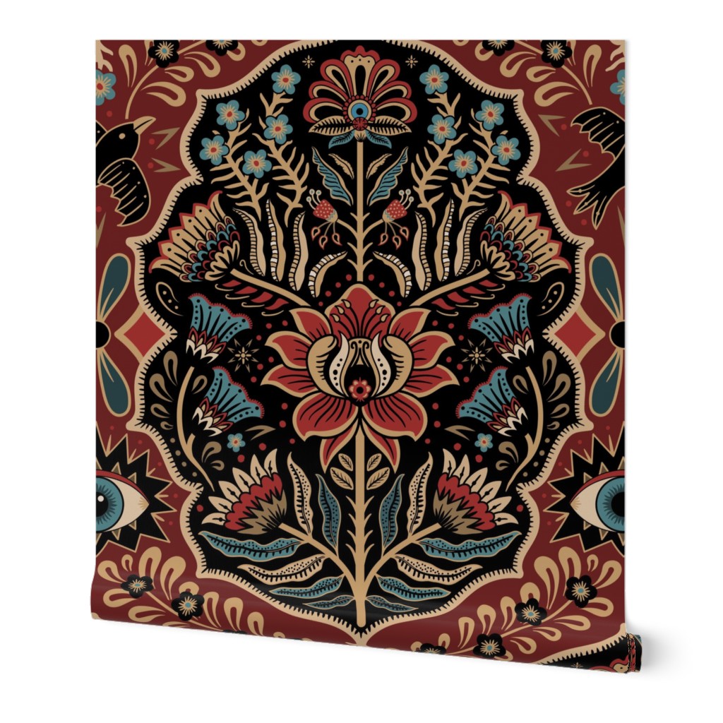 Maximalist Folk Damask with raven and mystical eye - vintage gold, red and blue - jumbo