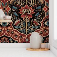 Maximalist Folk Damask with raven and mystical eye - vintage gold, red and blue - jumbo