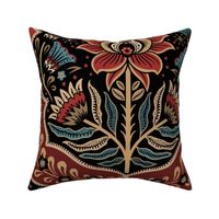 Maximalist Folk Damask with raven and mystical eye - vintage gold, red and blue - jumbo