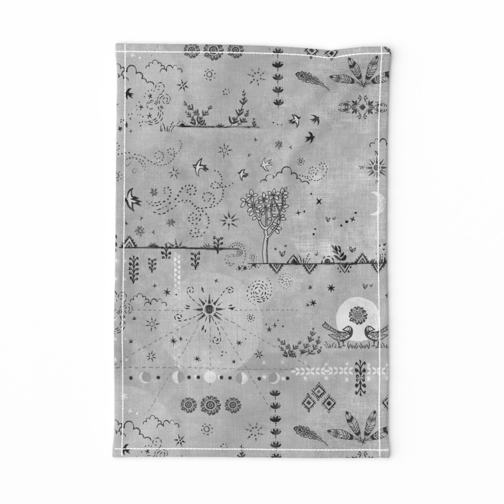 Folk Birds on Gray Linen | Block print plants, birds, suns, moons and stars.