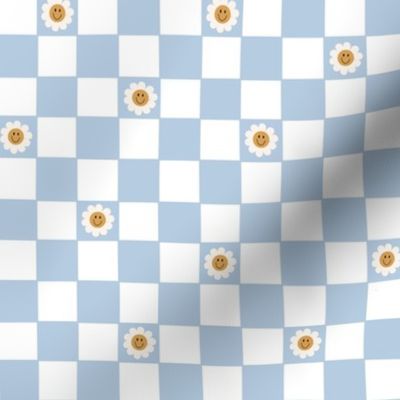 Powder Blue Checkerboard Daisies Large Scale