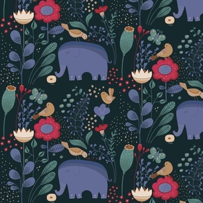Pig Print on Black Bird Wallpaper Hoppet Folk Scandinavian Floral 