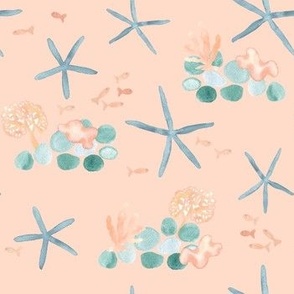 watercolor starfish, coral and fish on peachy pink, coastal for kids wear, baby and nursery