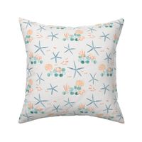 watercolor starfish, coral and fish on off white, coastal for kids wear, baby and nursery