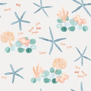 watercolor starfish, coral and fish on off white, coastal for kids wear, baby and nursery