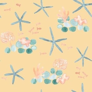 watercolor starfish, coral and fish on bright yellow, coastal for kids wear, baby and nursery