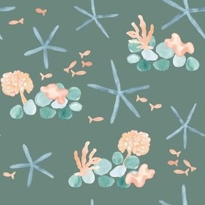 watercolor starfish, coral and fish on sage green, coastal for kids wear, baby and nursery