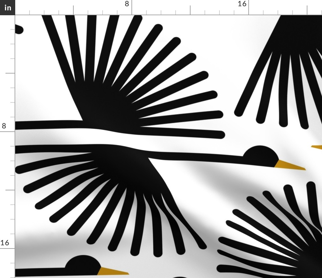 Geometric Cranes - White on Gray Whisper - Med - 6" wide repeat