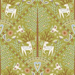 m- Peaceful forest- folk art inspired maximalist wallpaper - olive green -medium scale 15" fabric/ 12" wallpaper