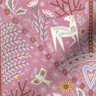 m- Peaceful forest- folk art inspired maximalist wallpaper mauve -medium scale 15" fabric / 12" wallpaper