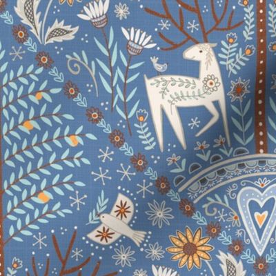 M- peaceful forest - folk art inspired - on blue textured background - medium scale /15" fabric / 12" wallpaper