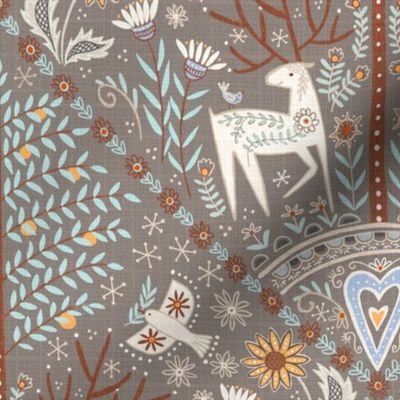 M- Peaceful forest- folk art inspired maximalist wallpaper darker grey -medium scale 15" fabric/ 12" wallpaper