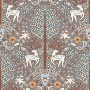 M- Peaceful forest- folk art inspired maximalist wallpaper darker grey -medium scale 15" fabric/ 12" wallpaper