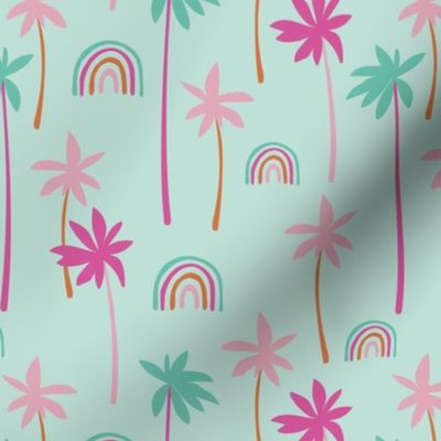 Aloha summer palm trees and rainbows sweet tropical beach boho island vibes pink teal on mint blue  