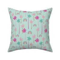 Aloha summer palm trees and rainbows sweet tropical beach boho island vibes pink teal on mint blue  