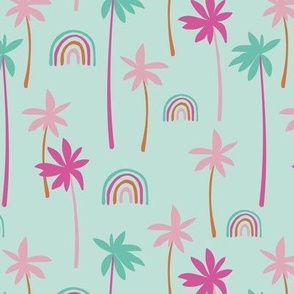 Aloha summer palm trees and rainbows sweet tropical beach boho island vibes pink teal on mint blue  