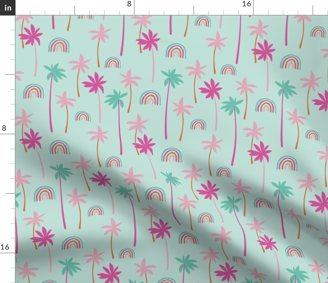 Aloha summer palm trees and rainbows sweet tropical beach boho island vibes pink teal on mint blue  