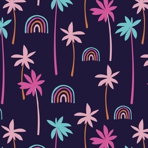 Aloha summer palm trees and rainbows sweet tropical beach boho island vibes pink blue on navy blue night 