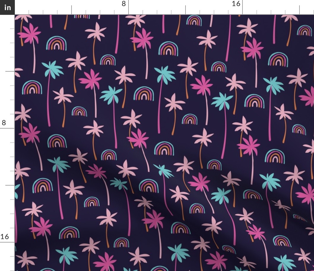 Aloha summer palm trees and rainbows sweet tropical beach boho island vibes pink blue on navy blue night 