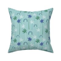 Aloha summer palm trees and rainbows sweet tropical beach boho island vibes green navy boys on blue 