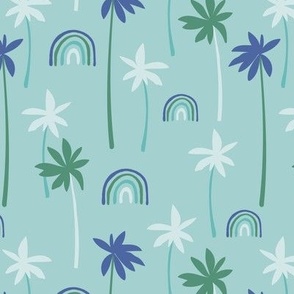 Aloha summer palm trees and rainbows sweet tropical beach boho island vibes green navy boys on blue 
