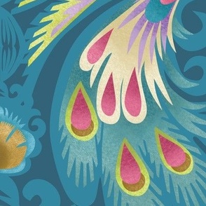  Peacock - paper cutting polish folk art in petrol blue teal | Maximalist Folk dense foliage and floral | Hot Magenta, Aqua, Gold yellow | Jumbo