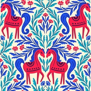 Folk Horses Damask | Regular Scale | Scandi Red Blue Horse