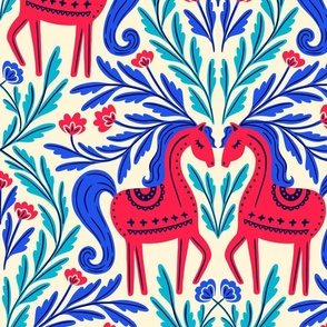 Folk Horses Damask | Jumbo Scale | Scandi Red Blue Horse