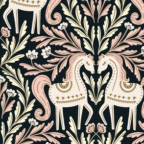 Folk Horses Damask | Jumbo Scale | Romantic Ivory Pink Horse