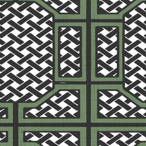Bold Traditional Tropical Caning Trellis Geometric Pattern in Black White and Olive Green