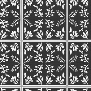 Black and White Neutral Large  Scale Traditional Botanical Geometric Vintage-Tile Inspired