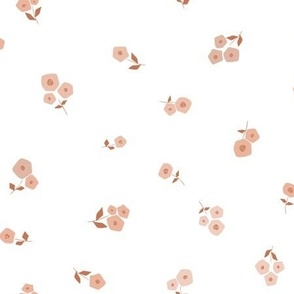 Traditional sweet ditsy floral in soft pink, peach, and tan on white background