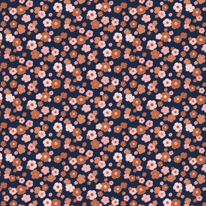  Floral Ditsy Print in neutral shades of pink, orange, and tan on a navy blue background