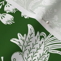 Maximalist folk Hungarian inspired Deer and Dove Floral white on green L