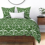 Maximalist folk Hungarian inspired Deer and Dove Floral white on green L