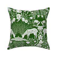 Maximalist folk Hungarian inspired Deer and Dove Floral white on green L