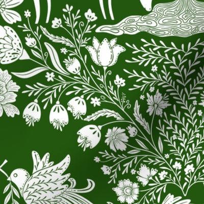 Maximalist folk Hungarian inspired Deer and Dove Floral white on green L