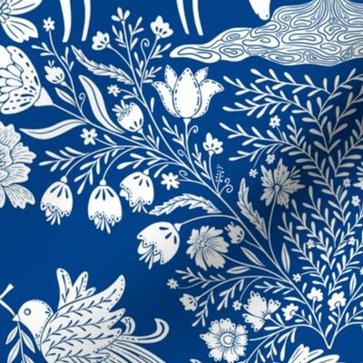 Maximalist folk Hungarian inspired Deer and Dove Floral white on blue L