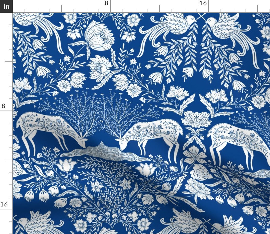 Maximalist folk Hungarian inspired Deer and Dove Floral white on blue L