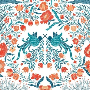 Maximalist folk Hungarian inspired Deer and Dove Floral red-blue on white L