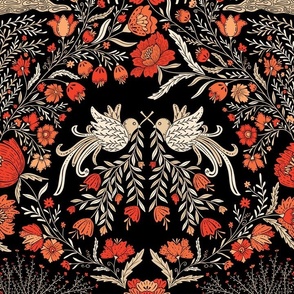 Maximalist folk Hungarian inspired Deer and Dove Floral red-beige on black L