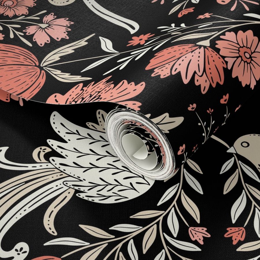 Maximalist folk Hungarian inspired Deer and Dove Floral pastel neutral red-beige on black L