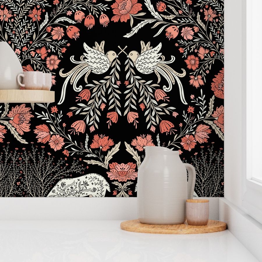 Maximalist folk Hungarian inspired Deer and Dove Floral pastel neutral red-beige on black L