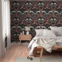 Maximalist folk Hungarian inspired Deer and Dove Floral pastel neutral red-beige on black L