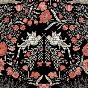 Maximalist folk Hungarian inspired Deer and Dove Floral pastel neutral red-beige on black L