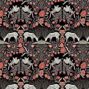 Maximalist folk Hungarian inspired Deer and Dove Floral pastel neutral red-beige on black M