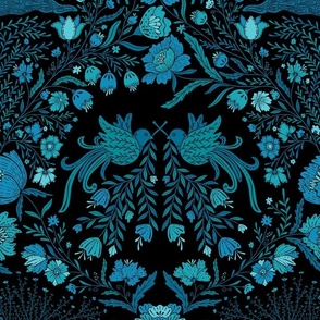 Maximalist folk Hungarian inspired Deer and Dove Floral aqua-blue shades on black L