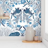 Maximalist folk Hungarian inspiered Deer and Dove Floral Blue shades on white L